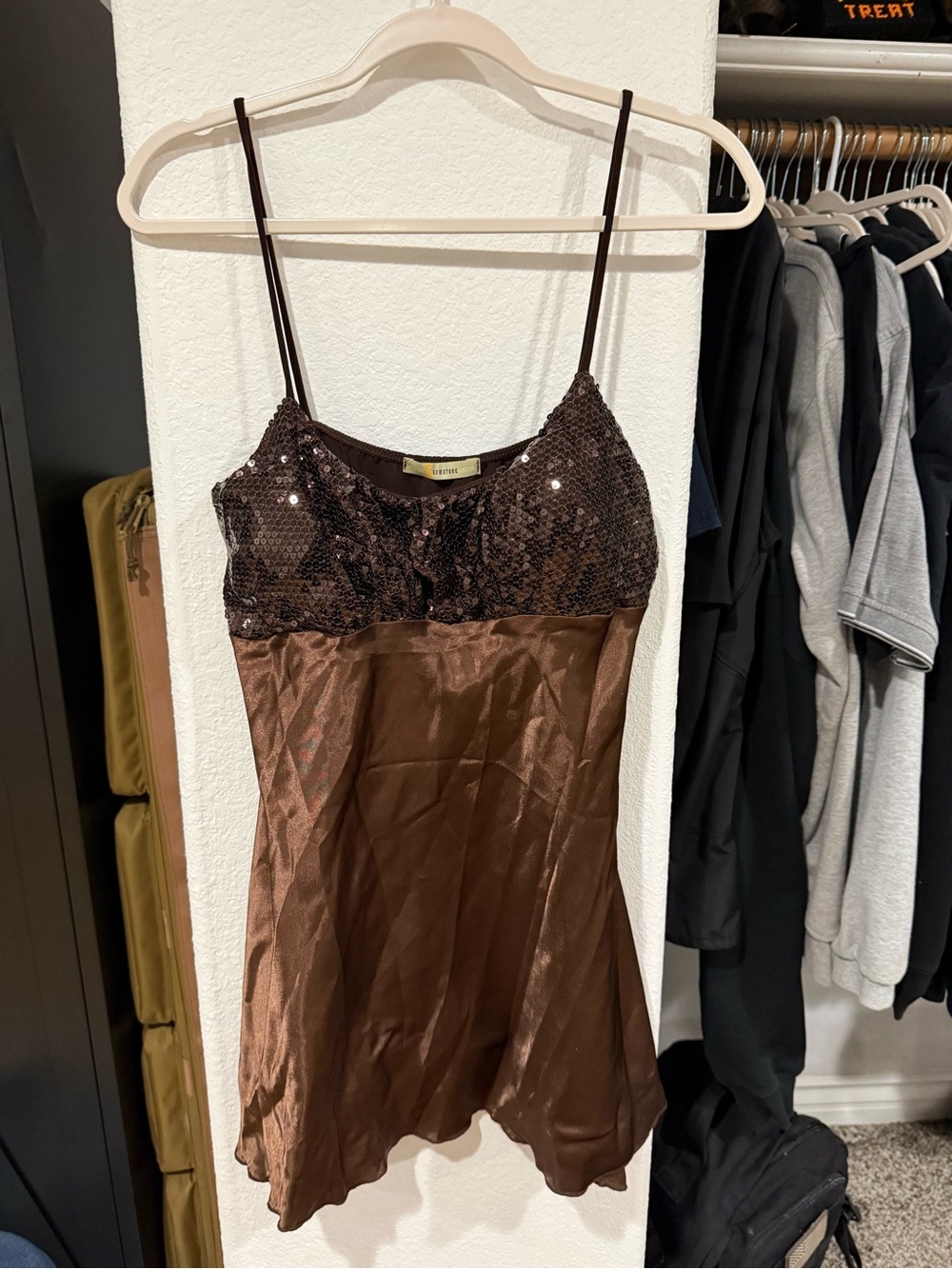 Sequined Satin Chemise Slip Dress - Brown
